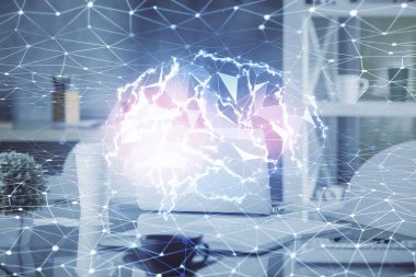 Beyin çizimine ve ofis içi arka planına çifte maruz kalma. Veri teknolojisi kavramı.