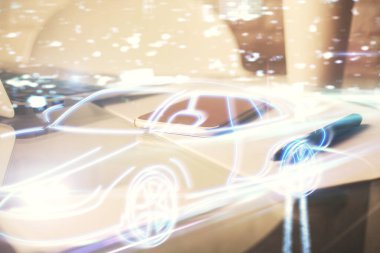 Cep telefonunun arka planında otomobil temalı çizimin iki kez görüntülenmesi. Teknoloji kavramı