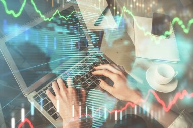 Bilgisayarda ve ön x grafik hologram çiziminde kadın eli yazarken çift pozlama. Borsa yatırım kavramı.