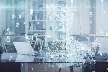 Veri teması çizimi ve ofis içi arka planına çoklu maruz kalma. Teknoloji kavramı.