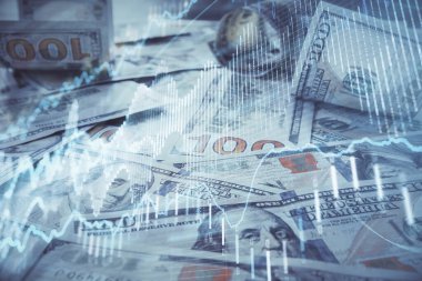 Forx grafiğinin çok sayıda görüntüsü bize dolar banknotları arka planında görünüyor. Finansal başarı piyasası kavramı.