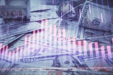 Forx grafiğinin çok sayıda görüntüsü bize dolar banknotları arka planında görünüyor. Finansal başarı piyasası kavramı.