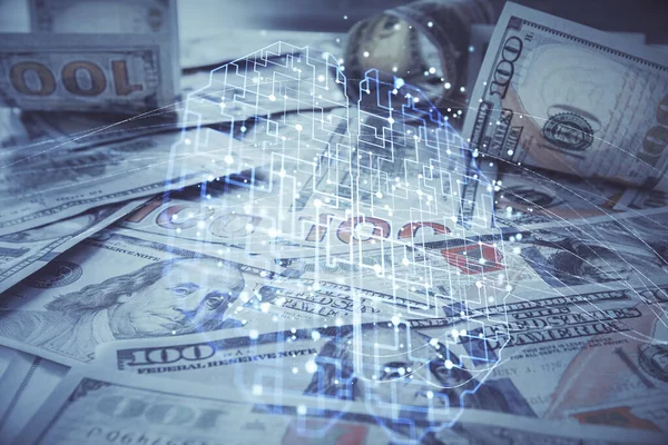 Beynimizin Dolar Banknotlarının Arka Planına Iki Kez Çekilmesi Teknoloji Konsepti — Stok fotoğraf
