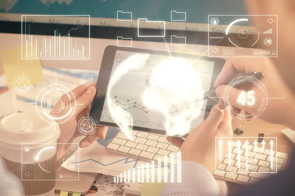 stock image Double exposure of man's hands holding and using a phone and financial chart drawing. Market analysis concept.