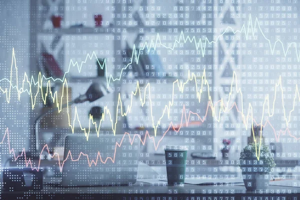 Borsa grafik çizimi ve ofis içi arka planının iki katına çıkarılması. Mali analiz kavramı.