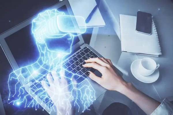 Dubbele Blootstelling Van Vrouw Handen Typen Computer Man Bril Tekening — Stockfoto