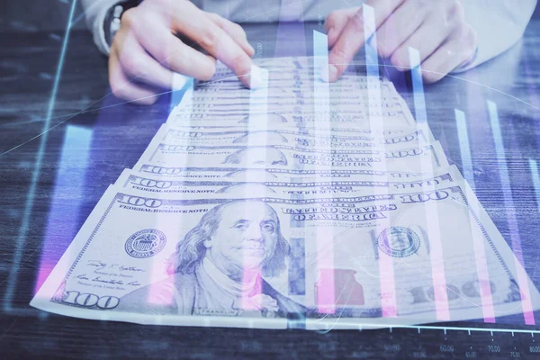 Multi Blootstelling Van Forex Grafiek Tekenen Hologram Amerikaanse Dollars Biljetten — Stockfoto