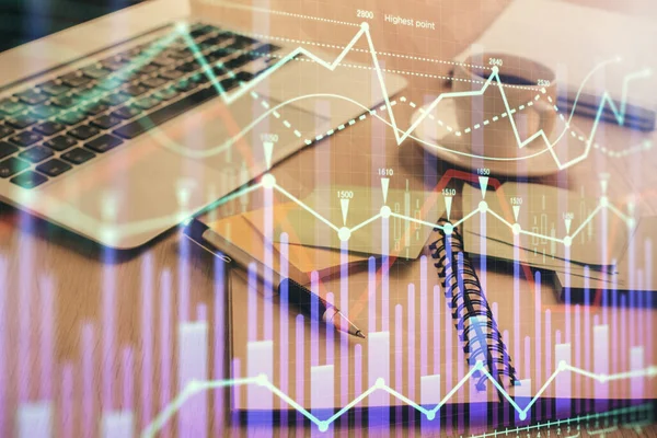 stock image Multi exposure of forex graph drawing and desktop with coffee and items on table background. Concept of financial market trading