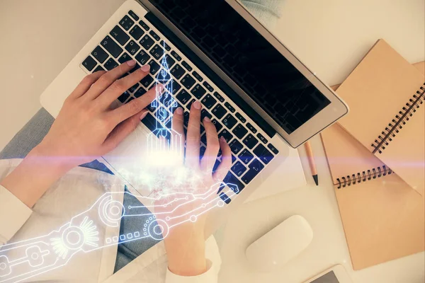 Double Exposure Woman Hands Working Computer Creative Hologram Drawing Top — Stock Photo, Image