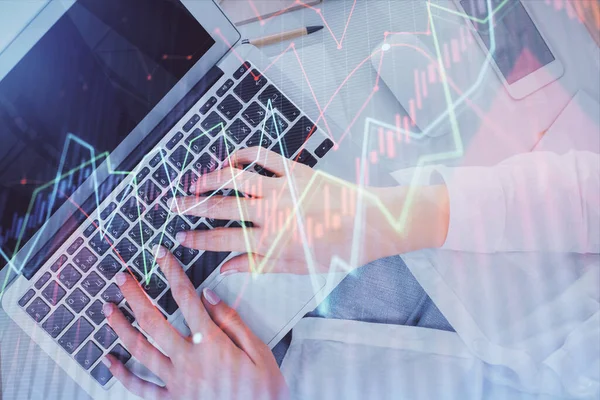 stock image Double exposure of woman hands working on computer and forex chart hologram drawing. Top View. Financial analysis concept.