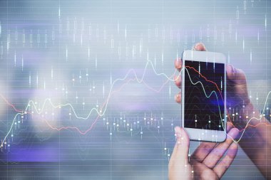 Ön x grafik çizimine çift pozlama hologram ve cep telefonu kullanan bir kadın. Borsa konsepti.