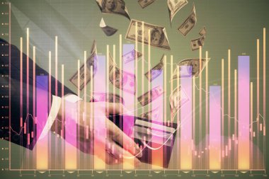 Finansal grafiğe çoklu pozlama hologram, Amerikan dolarları ve insan eli. Analiz kavramı.