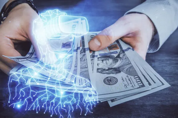 Wielokrotna Ekspozycja Okularów Rysunek Hologram Usa Dolarów Rachunki Ręce Człowieka — Zdjęcie stockowe