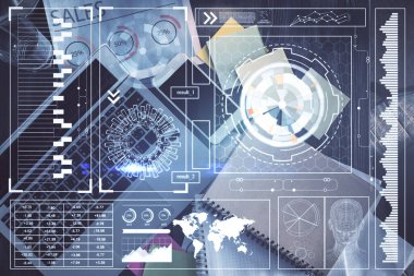 Bilgisayarla üst görünüm çalışma masası arka planında veri temasının çoklu pozlanması hologramı çiziyor. Teknoloji kavramı.