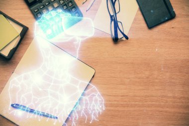 AR gözlükleri çizimi ve çalışma masası örtüsü. Sanal gerçeklik kavramı.