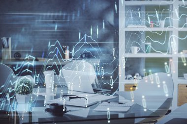 Hisse senedi borsası çizimine ve ofis iç planına çok maruz kalmış. Mali analiz kavramı.