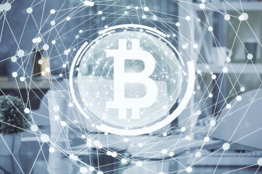 Kripto teknolojisi temalı çizim ve ofis içi arka planına çifte maruz kalma. Engelleme zinciri kavramı.