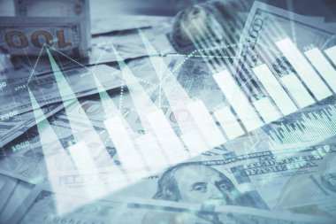 Forx grafiğinin çok sayıda görüntüsü bize dolar banknotları arka planında görünüyor. Finansal başarı piyasası kavramı.