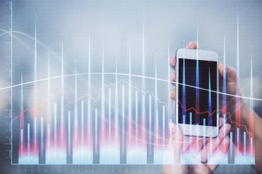 Ön x grafik çizimine çift pozlama hologram ve cep telefonu kullanan bir kadın. Borsa konsepti.