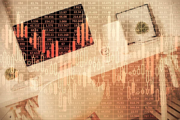 Doppelbelichtung Von Finanzgrafik Und Bürointerieur Konzept Des Aktienmarktes — Stockfoto