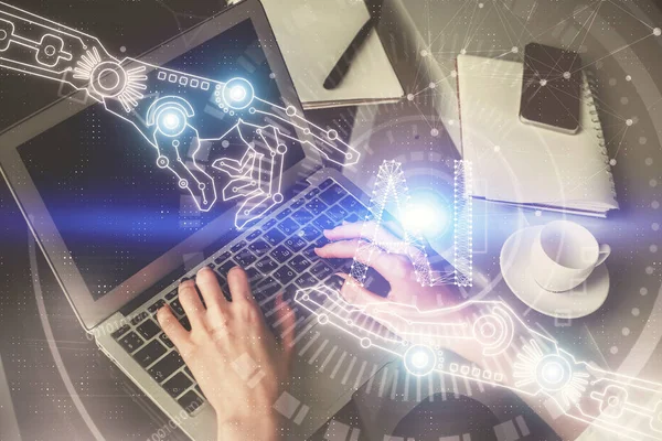 stock image Double exposure of woman hands working on computer and data theme hologram drawing. Tech concept.