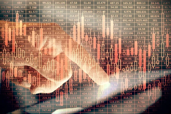 Multi Exposure Man Hands Holding Using Phone Financial Chart Drawing — Stock Photo, Image
