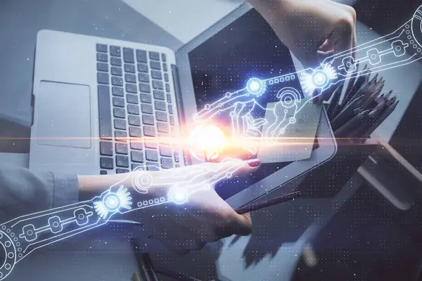 Wielokrotna Ekspozycja Rąk Kobiet Pracujących Komputerze Rysunku Hologramu Tematu Danych — Zdjęcie stockowe