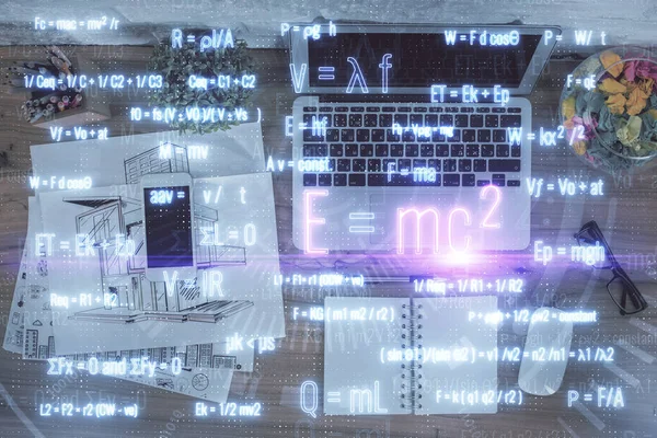 Fysica Wiskunde Thema Hologram Met Formule Tekeningen Computer Het Bureaublad — Stockfoto