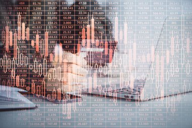 İnternetten alışveriş yapan kadının elinde kredi kartı ve mali grafik çizimi var. Borsa E-ticaret kavramı.