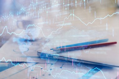 Bilgisayar geçmişi olan eski grafik hologramı. Çifte maruziyet. Finans piyasası kavramı.