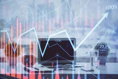 Bilgisayar geçmişi olan eski grafik hologramı. Çoklu maruz kalma. Finans piyasası kavramı.