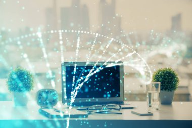 Masaüstü bilgisayar arkaplanı ve DNA çizimi. Çifte maruziyet. Bilim konsepti.