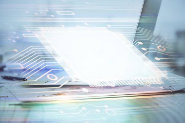 Arka planda bilgisayar ve teknik tema çizimi olan iki kat masaüstü görüntüsü. Büyük veri kavramı.