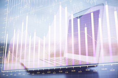 Bilgisayar geçmişi olan eski grafik hologramı. Çoklu maruz kalma. Finans piyasası kavramı.