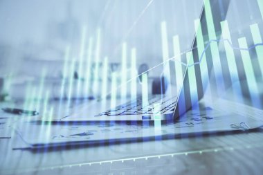 Bilgisayar geçmişi olan eski grafik hologramı. Çoklu maruz kalma. Finans piyasası kavramı.