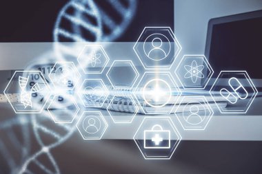 Masaüstü bilgisayar arkaplanı ve DNA çizimi. Çifte maruziyet. Bilim konsepti.