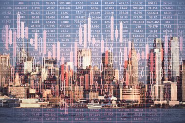 Gökdelenler arka planda çift pozlama ile şehir görünümünde eski grafik. Mali analiz kavramı.