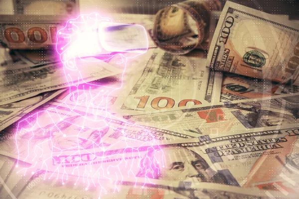 Двойное Воздействие Человека Очках Виртуальной Реальности Рисующего Фоне Банкнот Долларах — стоковое фото