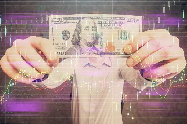 Wielokrotna Ekspozycja Wykresu Forex Rysunek Hologramu Usa Dolarów Rachunków Rąk — Zdjęcie stockowe