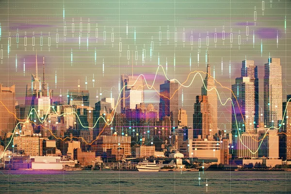 Forex Graph City View Skyscrapers Background Double Exposure Financial Analysis — Stock Photo, Image