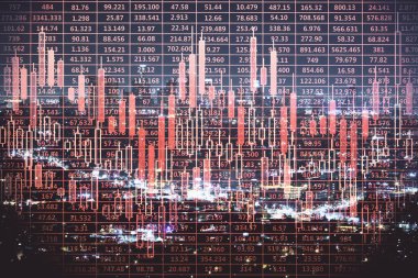 Yüksek binalar arka plan çok pozlama ile gece şehir scape mali grafik. Analiz kavramı.