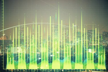 Yüksek binalar arka plan çok pozlama ile gece şehir scape mali grafik. Analiz kavramı.