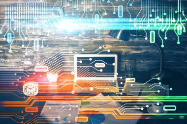 Dizüstü bilgisayar ve teknoloji temalı holograma çifte maruz kalma. Serbest çalışma kavramı.