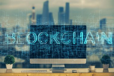 Blockchain temalı holograma ve bilgisayar arkaplanlı masaya çoklu maruz kalma. Bitcoin şifreleme para birimi kavramı.
