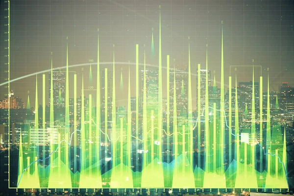 高層ビルの背景マルチ露出と夜の都市景観上の金融グラフ 分析の概念 — ストック写真