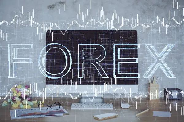 Bilgisayar geçmişi olan eski grafik hologramı. Çifte maruziyet. Finans piyasası kavramı.