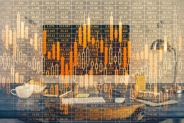 Podwójna Ekspozycja Wykresu Forex Miejsca Pracy Komputerem Pojęcie Międzynarodowego Handlu — Zdjęcie stockowe