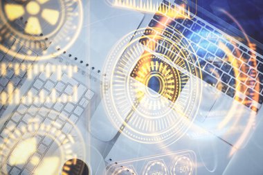 Teknoloji hologramı masaüstü arka planında bilgisayarın üzerine çiziyor. Üst Manzara. Çifte maruziyet. Teknoloji kavramı.