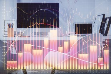 Borsa grafik çizimi ve ofis içi arka planının iki katına çıkarılması. Mali analiz kavramı.