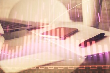 Ön x grafik çizimi ve cep telefonu arkaplanı çift pozlama. Mali veri analizi kavramı